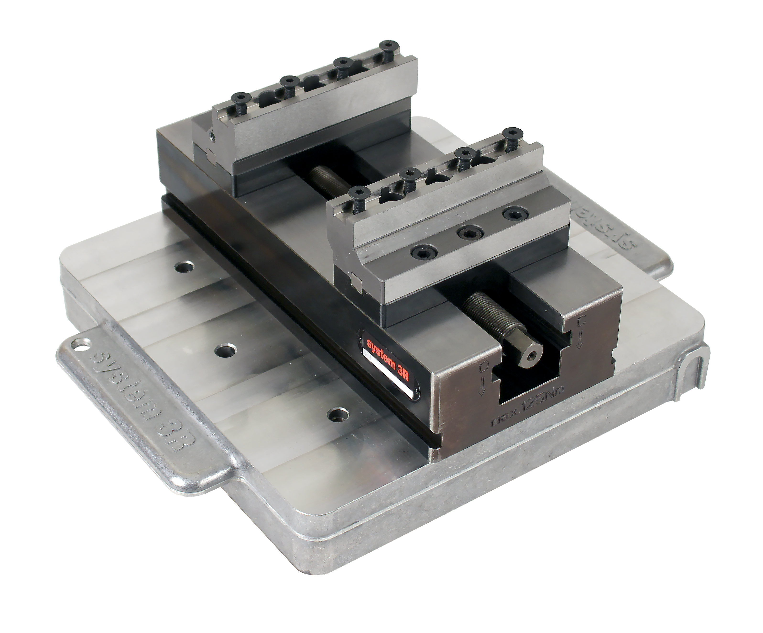Self-Centering vice on Dynafix pallet. Reversible ground jaws with option to choose between different inserts (not included).