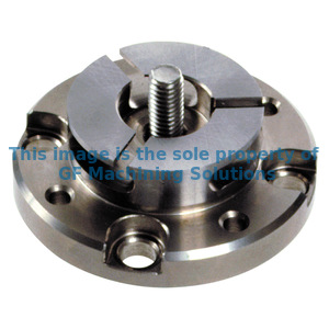 Stainless steel chuck with ground flange Ø22x6 mm for mounting in a fixture or the WEDM system. Axial locking screw with channel for flushing through the electrode.