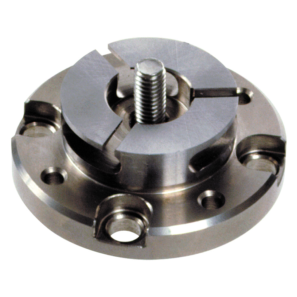 Stainless steel chuck with ground flange Ø22x6 mm for mounting in a fixture or the WEDM system. Axial locking screw with channel for flushing through the electrode.