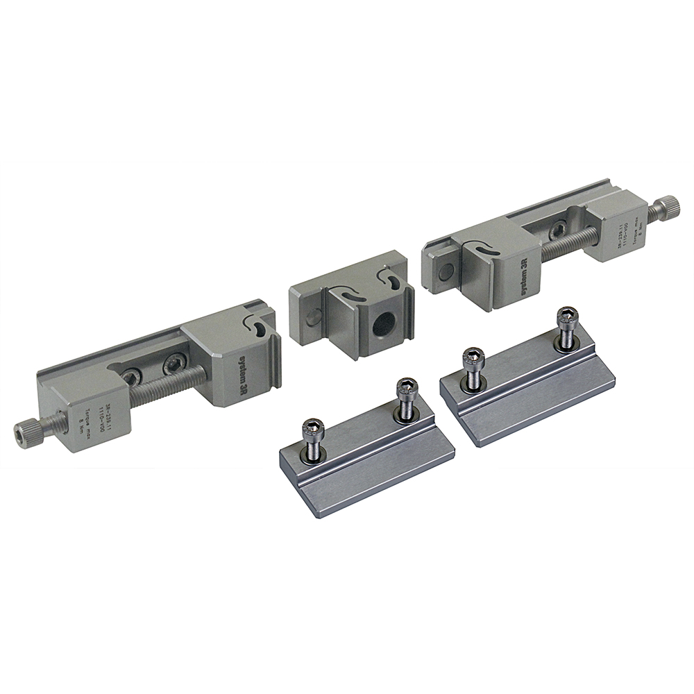 Movable jaws for mounting two rectangular workpieces at the same time. Detachable Z-support tabs ensure simple setting-up.